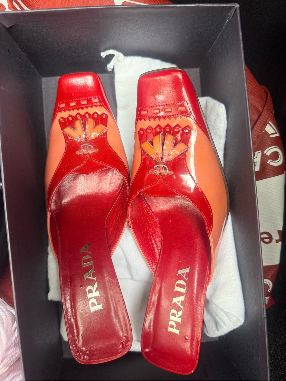 PRADA Red and Orange Leather Slip-On Mules